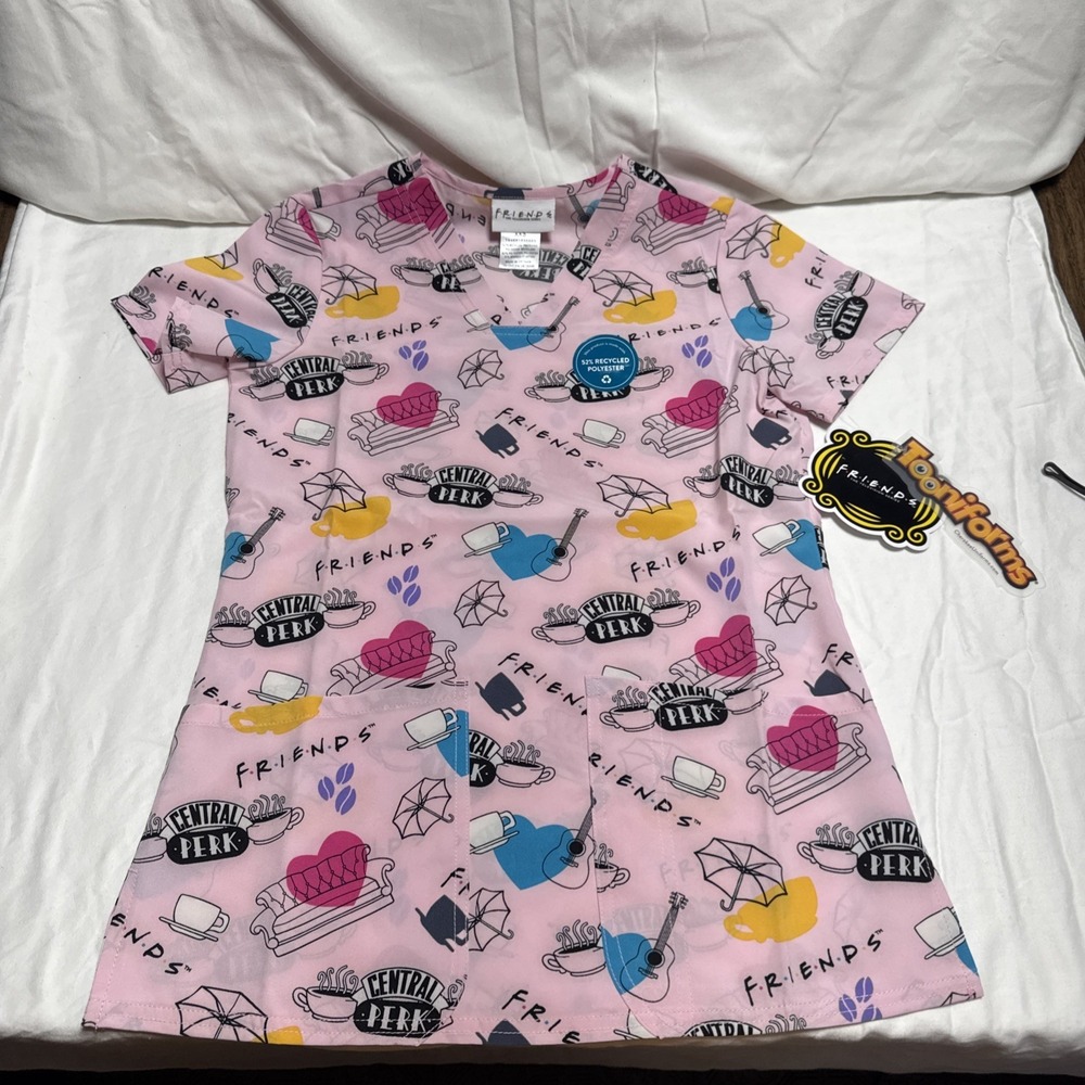 Friends Central Perk Scrub Top XXS Pink Tooniforms Nurse NWT